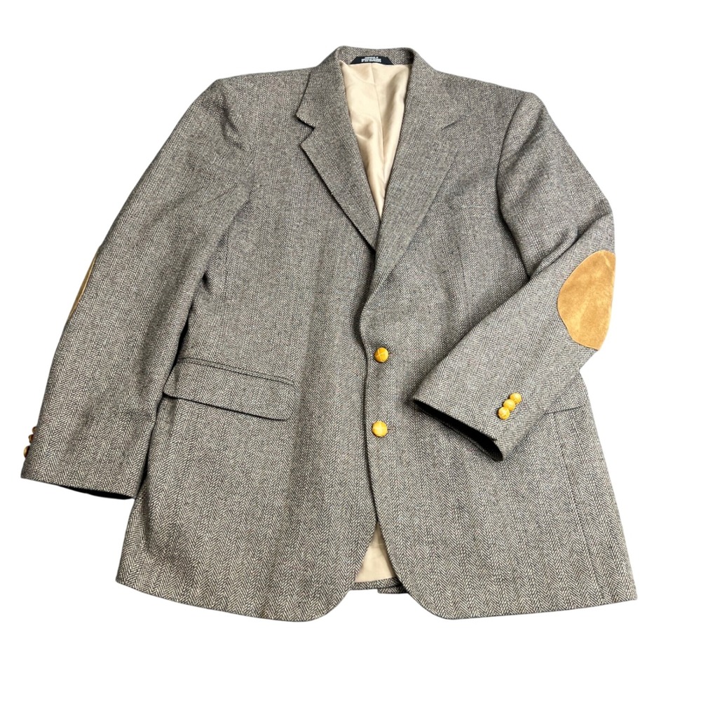 Reed St James Mens 42L Brown Herringbone Tweed Blazer‎ Sport Coat Elbow Patches